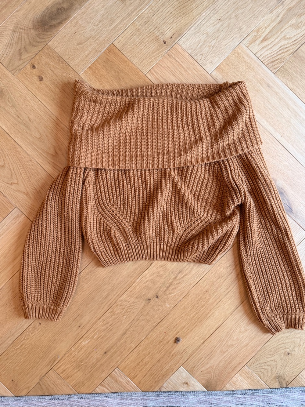 Lulu's Camel Off-Shoulder Ribbed Knit Sweater